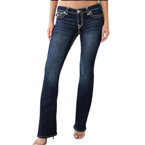 True Religion Joey Low Rise Super T Flare Jeans Dark Wash White Stitching 27